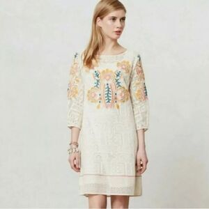 Anthropologie Vineet Bahl Cream Embroidered Lace 3/4 Sleeves Mini Boho Dress M